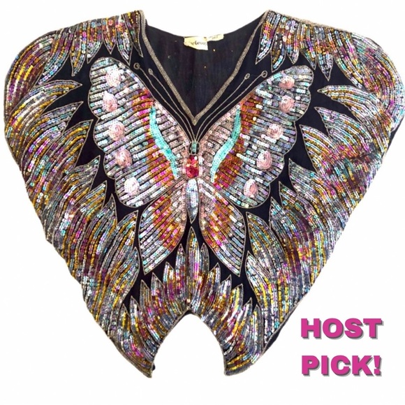 VINTAGE Butterfly Sequin Boho Silk Crop Poncho | One Size | Beyoncé Vibes - Picture 8 of 9